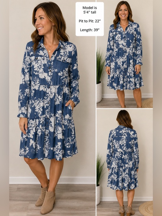 Elliott & Vine Dresses & Skirts - Elliott & Vine Blue White Floral Button Front Collared Tiered Dress Long Sleeve